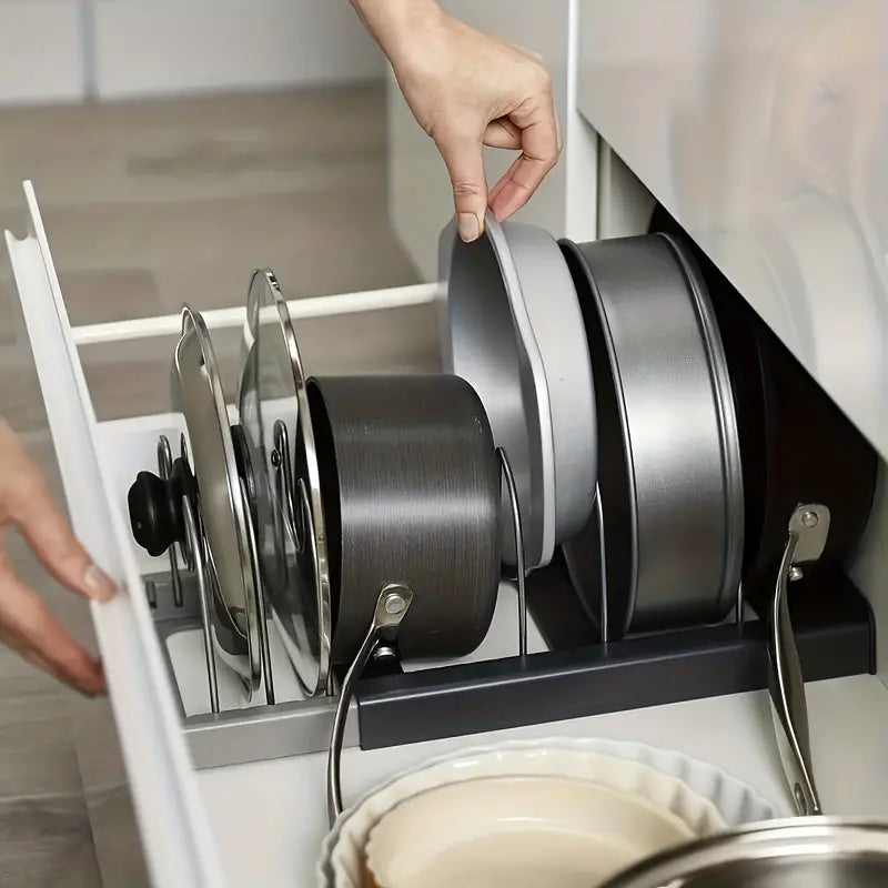OrganizoPro – Versatile Cookware Organizer with Adjustable and Space-Saving Design