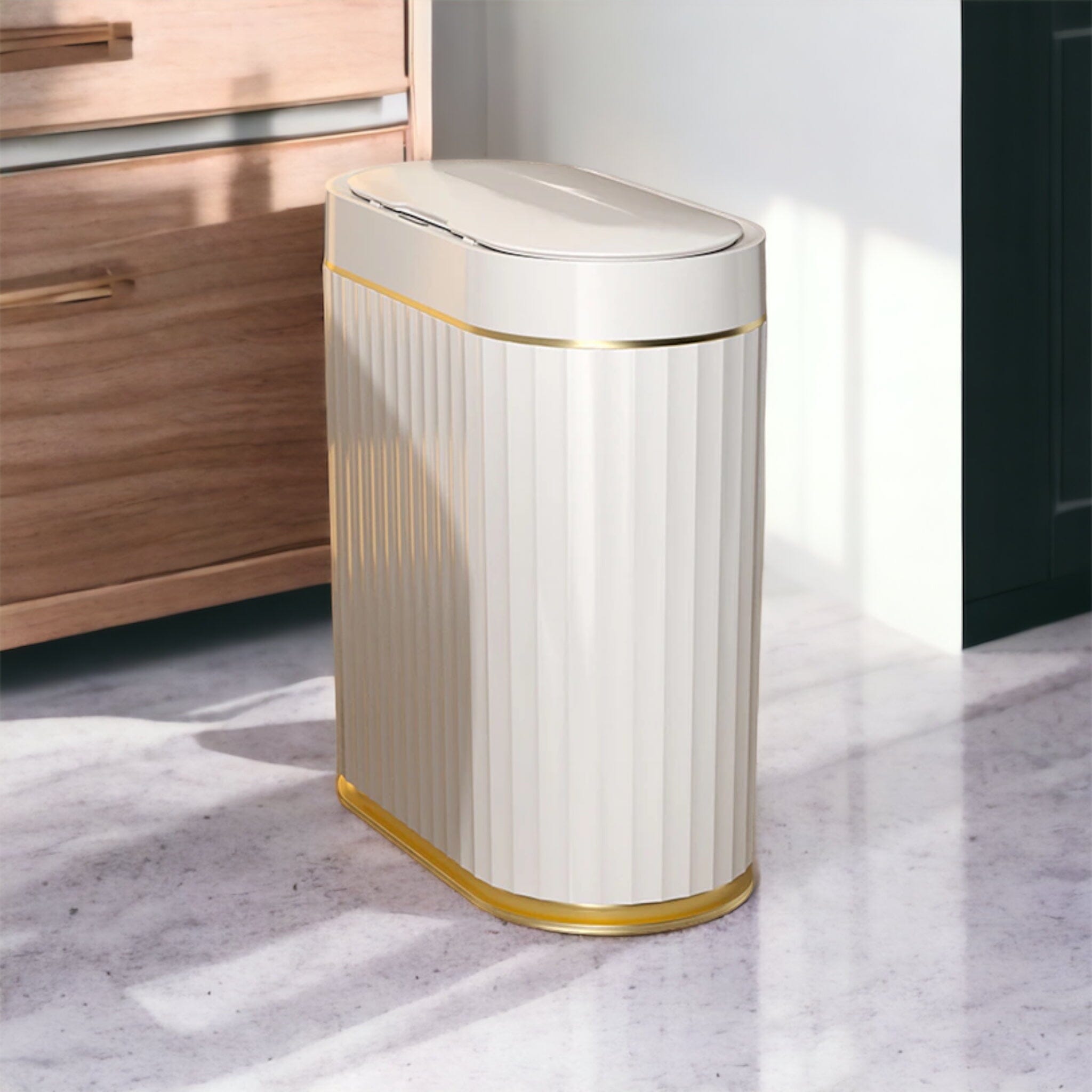 White Bathroom Trash Can with Click Lid and Gold Rim Ribbed Design