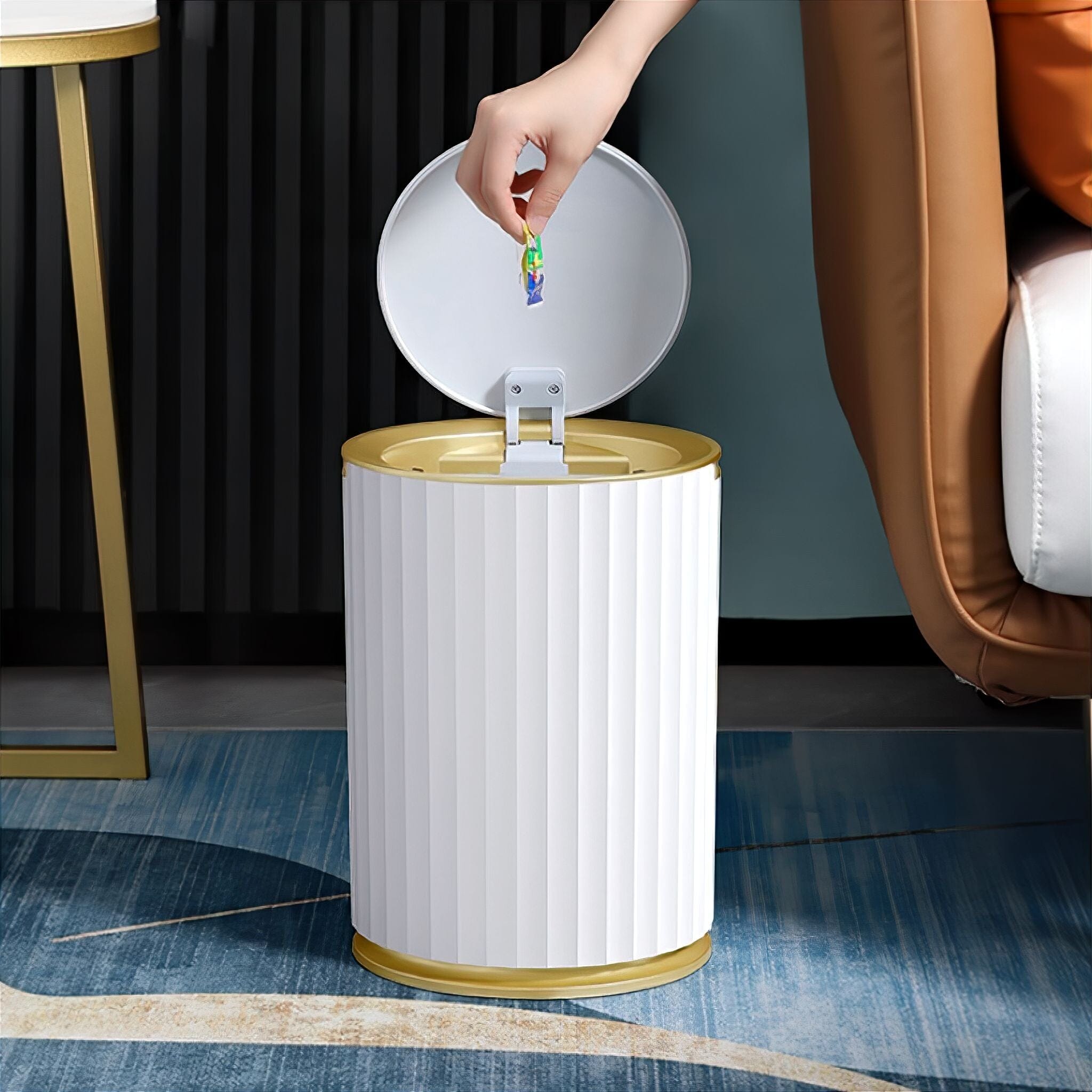 White Bathroom Trash Can with Click Lid and Gold Rim Ribbed Design