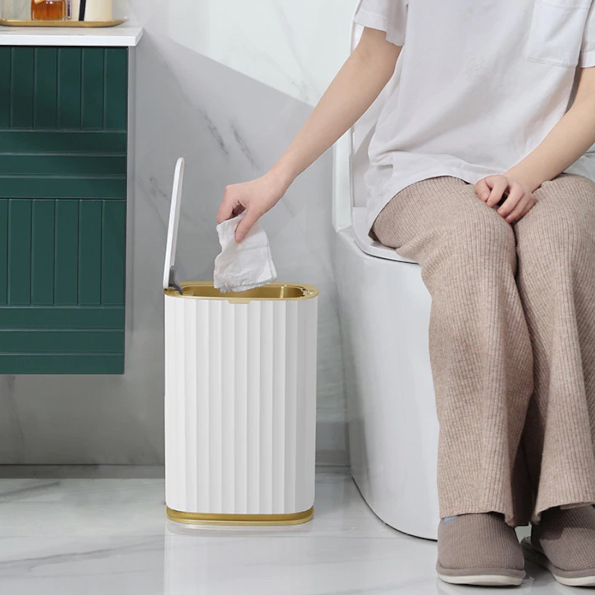White Bathroom Trash Can with Click Lid and Gold Rim Ribbed Design