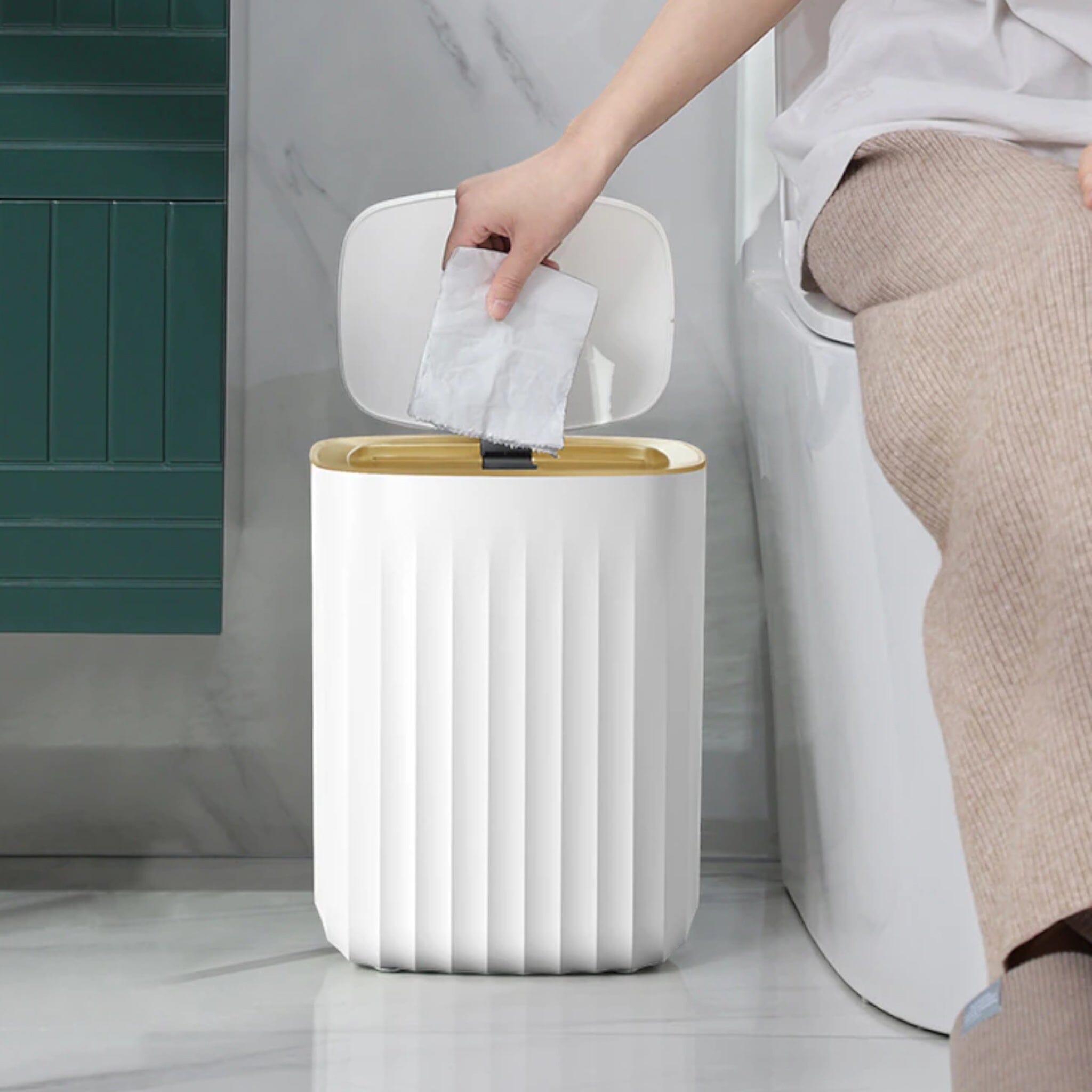 White Bathroom Trash Can with Click Lid and Gold Rim Ribbed Design