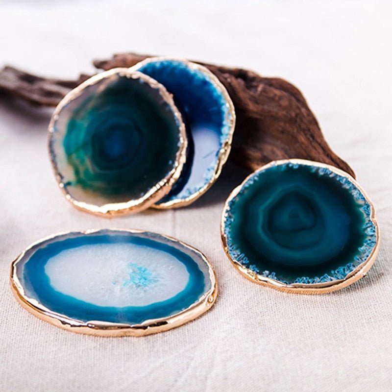 AgateLux – Luxury Blue Agate Coaster Set with Gold Accents