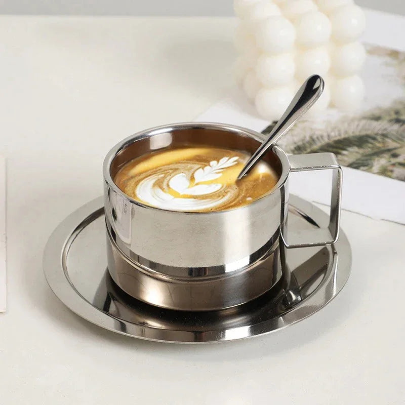 Set de Tasses à Café en Acier Inoxydable avec Soucoupe et Cuillère Double Paroi