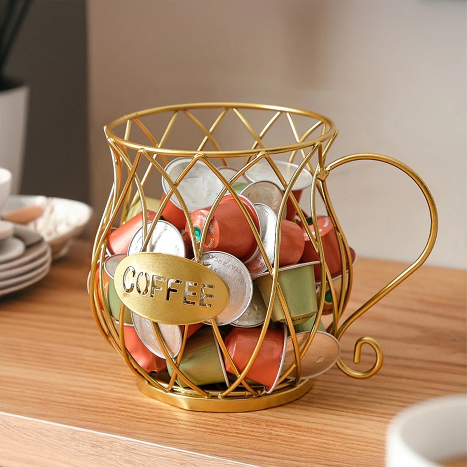 Porte-capsules de café en fonte en forme de tasse avec poignée pour plan de travail