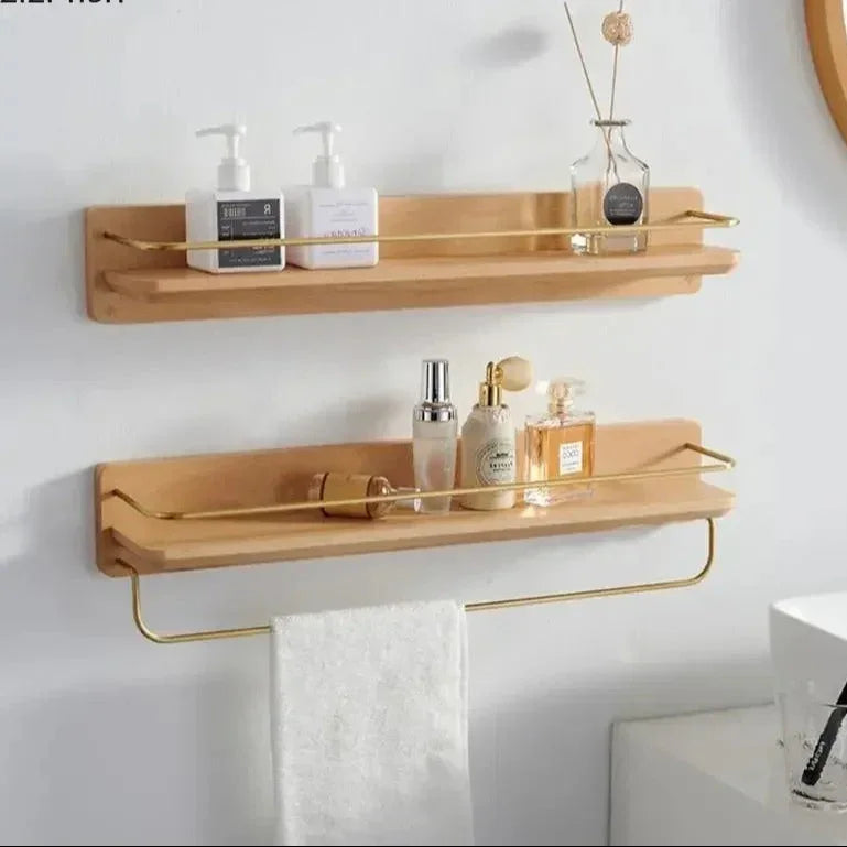 Étagère Murale en Bois pour Salle de Bain avec Rampe Dorée et Barre à Serviettes