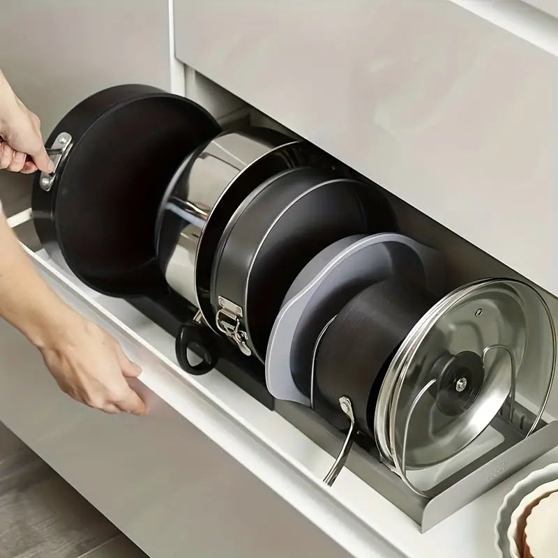 OrganizoPro – Versatile Cookware Organizer with Adjustable and Space-Saving Design