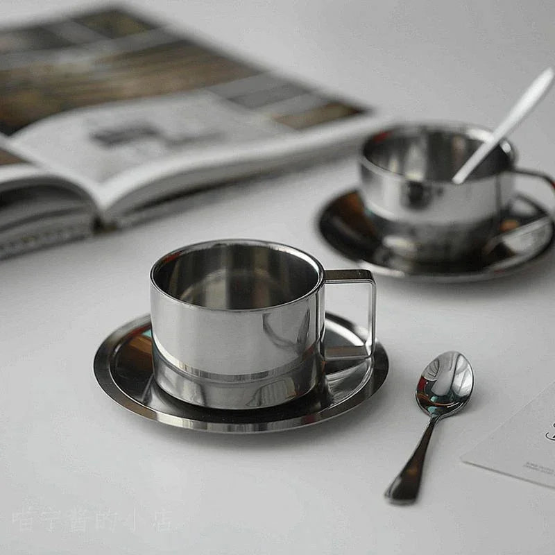 Set de Tasses à Café en Acier Inoxydable avec Soucoupe et Cuillère Double Paroi