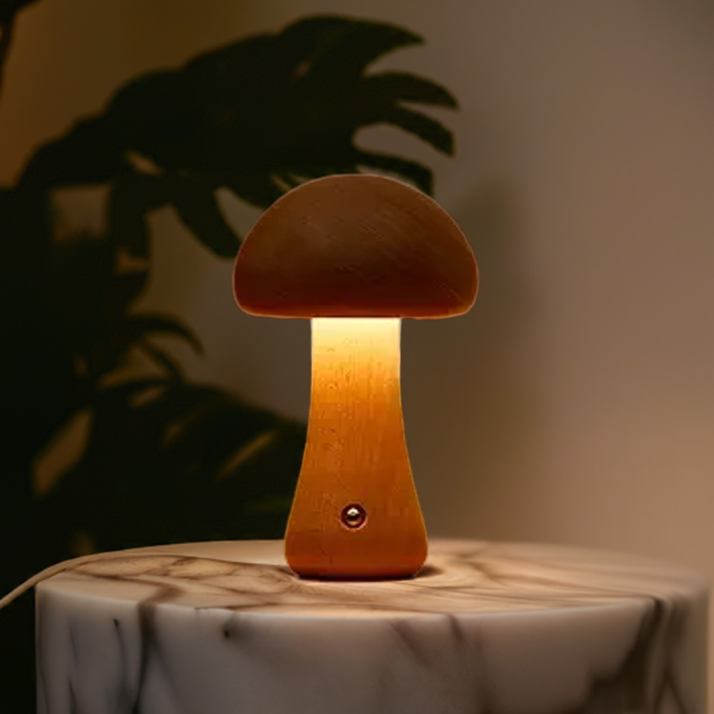 MushroomGlow – Wooden Table Lamp with Natural and Modern Design
