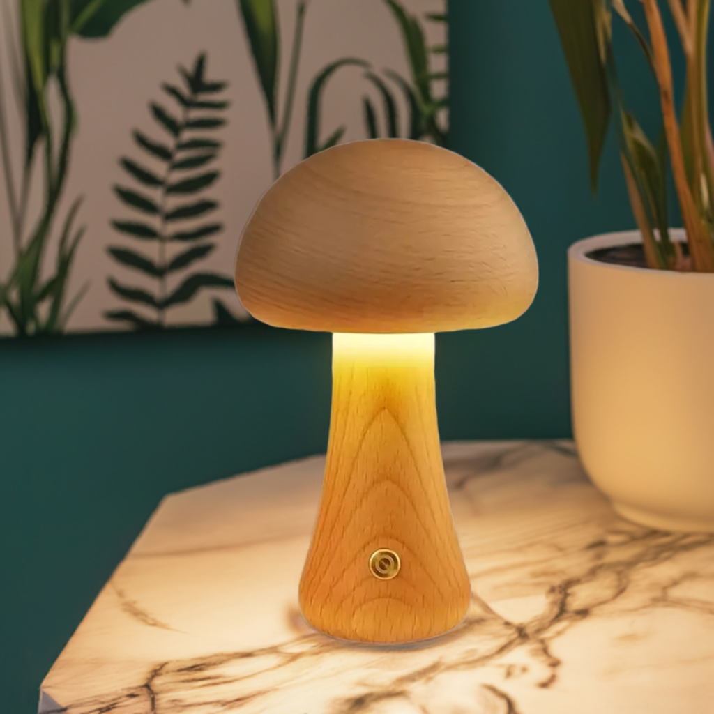 MushroomGlow – Wooden Table Lamp with Natural and Modern Design