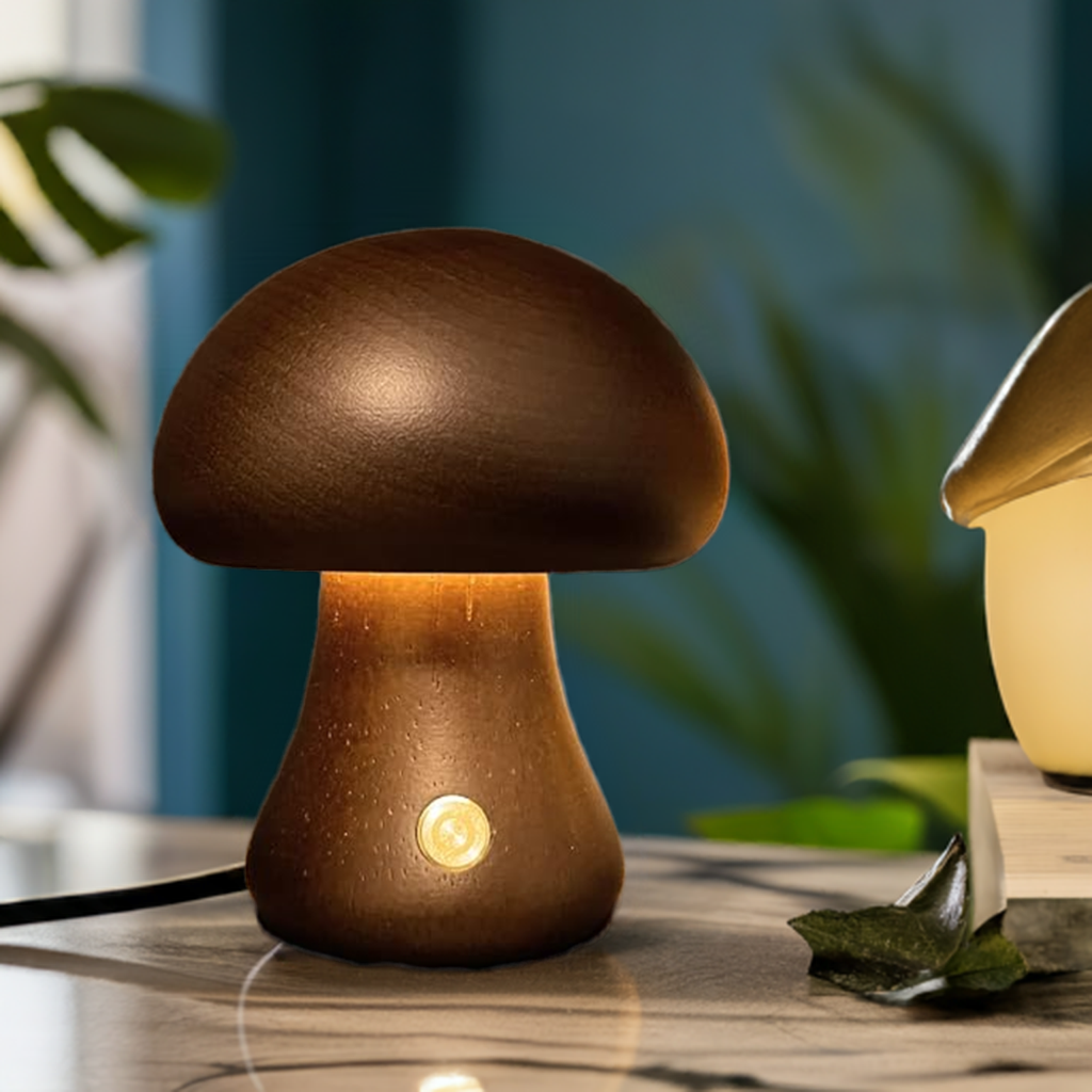 MushroomGlow – Wooden Table Lamp with Natural and Modern Design