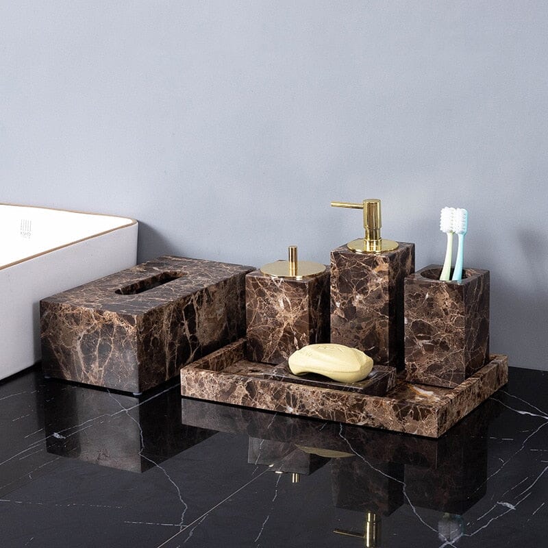 Ensemble de Salle de Bain en Marbre Emperador Dark – Distributeur de Savon, Plateau, Boîte à Mouchoirs, Porte-Brosse à Dents