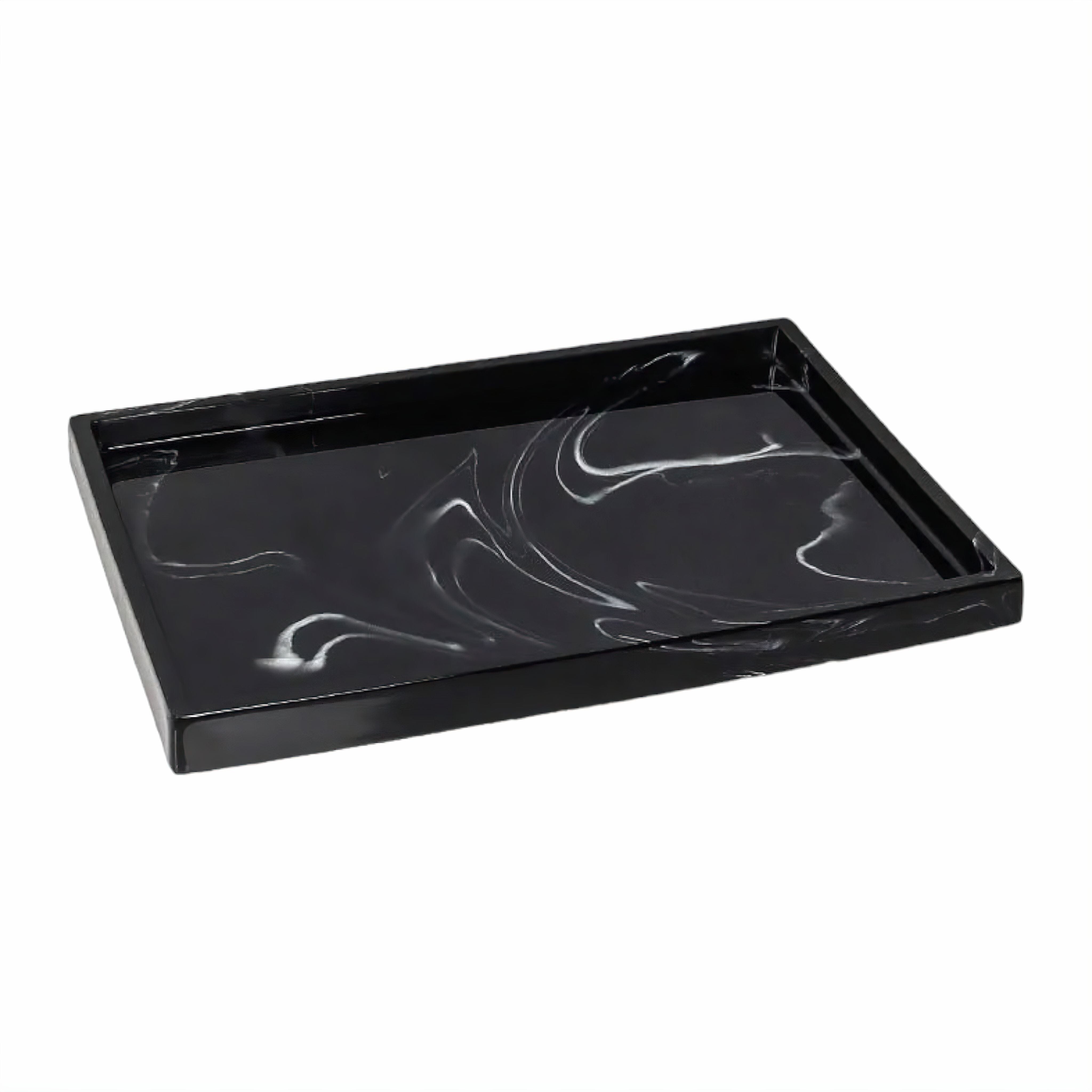 Ensemble de salle de bain 5 pièces résine imprimé marbre noir – distributeur de savon, porte-brosse à dents, gobelet, plateau
