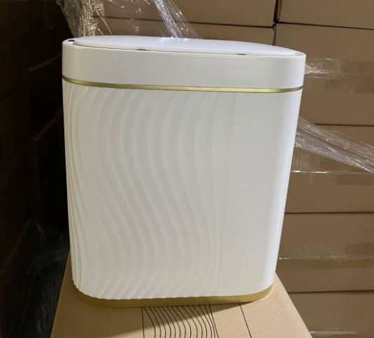 White Bathroom Trash Can with Click Lid and Gold Rim Ribbed Design