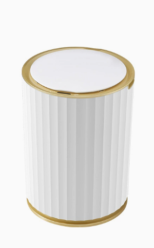 White Bathroom Trash Can with Click Lid and Gold Rim Ribbed Design