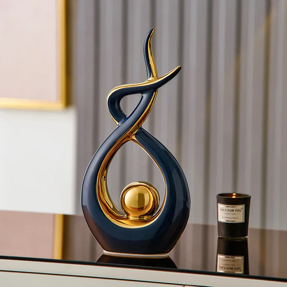 LuxeForm – Abstracte Keramische Sculptuur met Gouden Accenten voor Tijdloze Elegantie