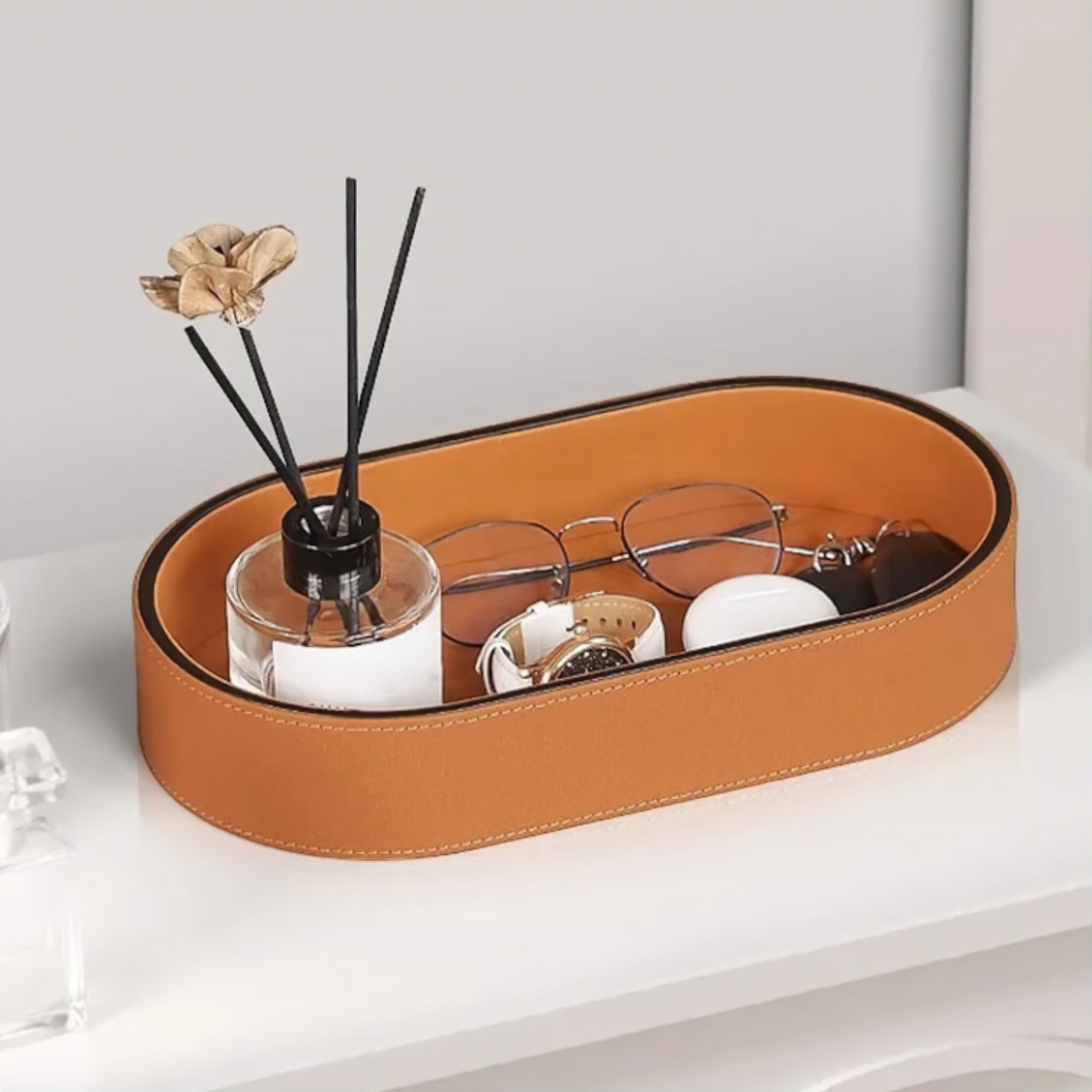 Plateau organisateur ovale en cuir PU avec bord noir pour bureau et table de chevet