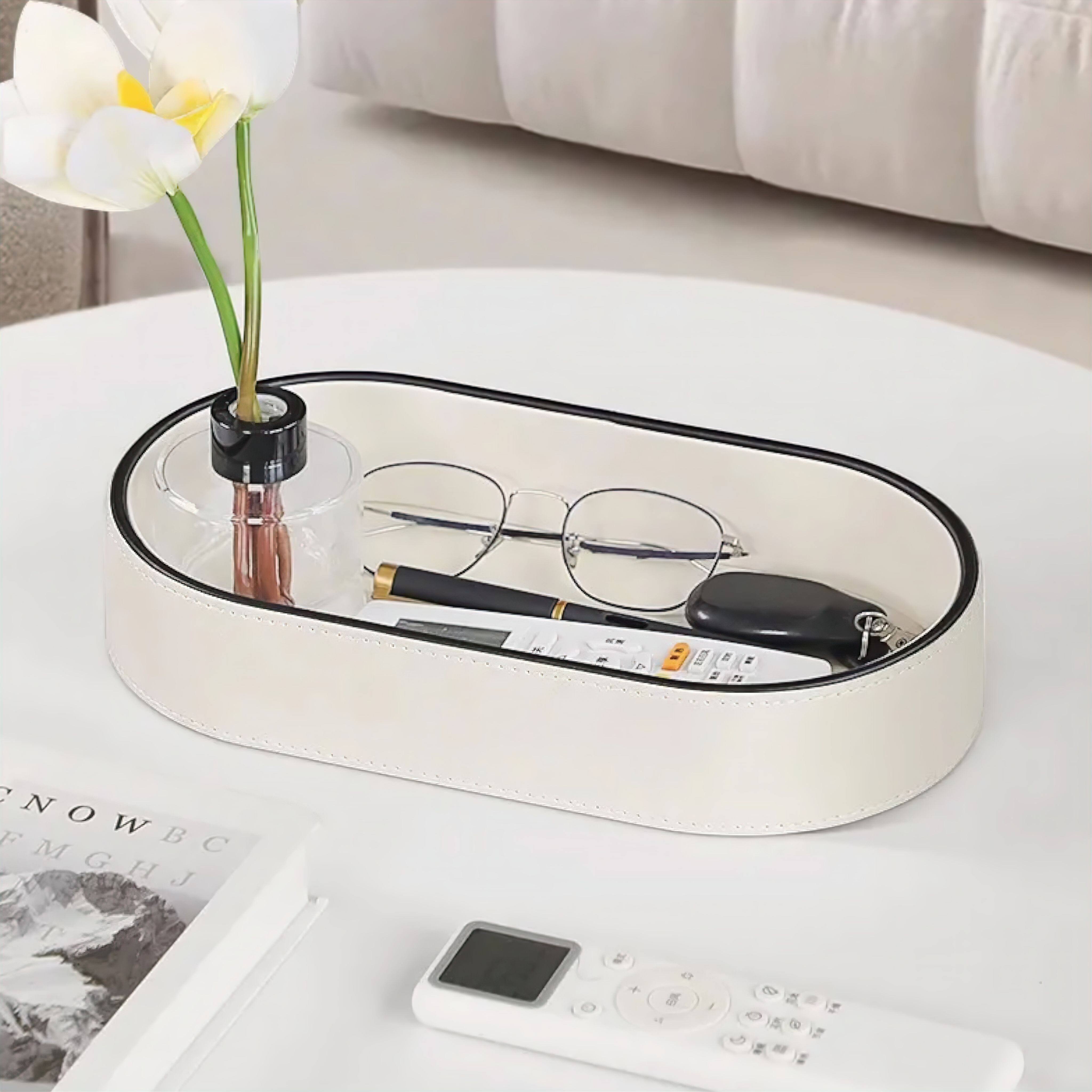 Plateau organisateur ovale en cuir PU avec bord noir pour bureau et table de chevet