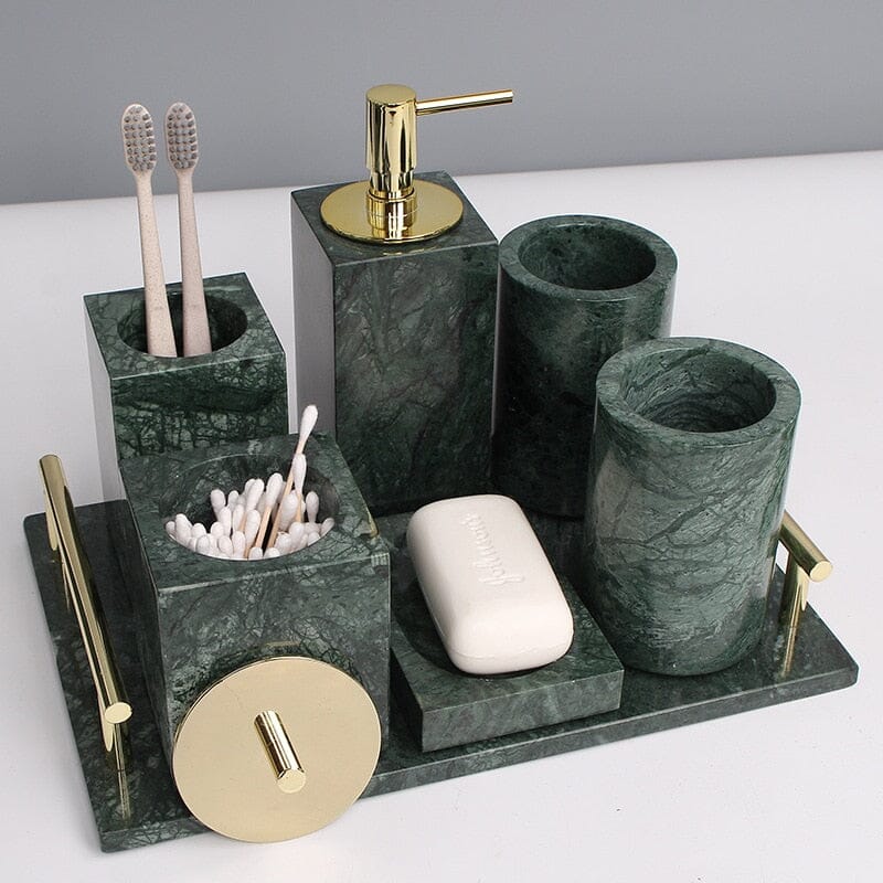 Ensemble de salle de bain vert marbre – distributeur de savon doré, gobelet à brosses à dents et plateau – aspect pierre naturelle