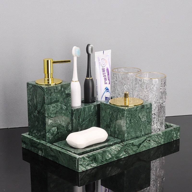Ensemble de salle de bain vert marbre – distributeur de savon doré, gobelet à brosses à dents et plateau – aspect pierre naturelle
