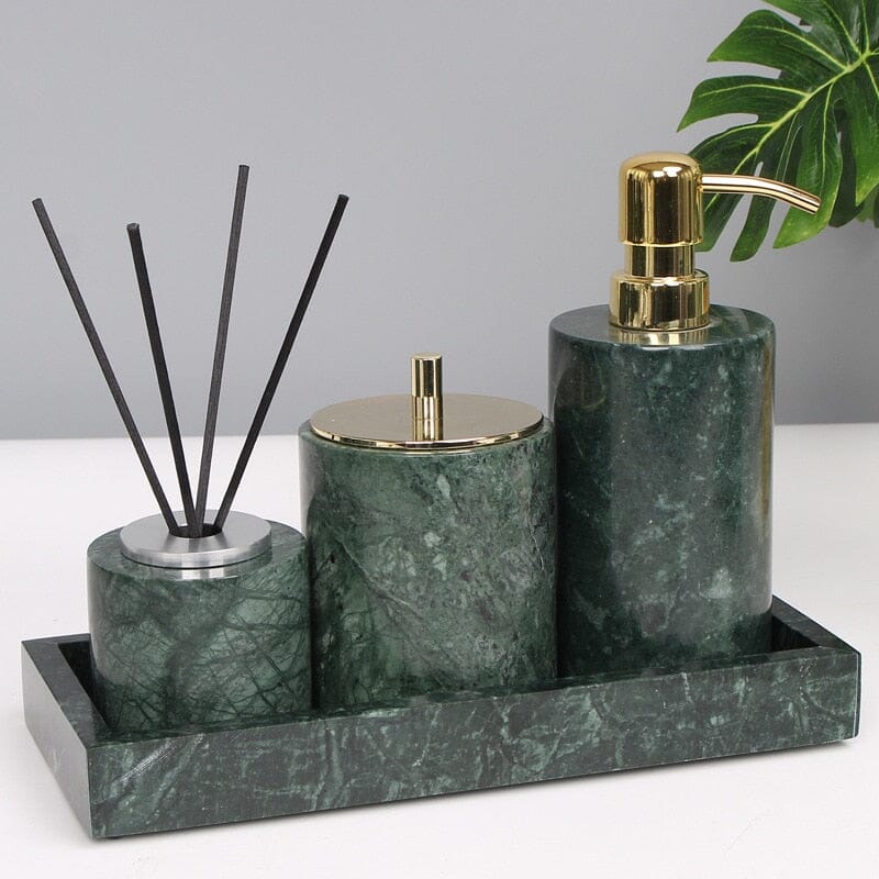 Ensemble de salle de bain vert marbre – distributeur de savon doré, gobelet à brosses à dents et plateau – aspect pierre naturelle