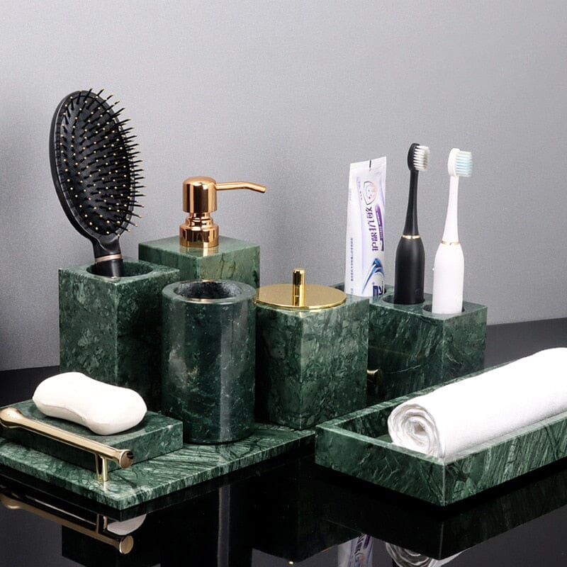 Ensemble de salle de bain vert marbre – distributeur de savon doré, gobelet à brosses à dents et plateau – aspect pierre naturelle
