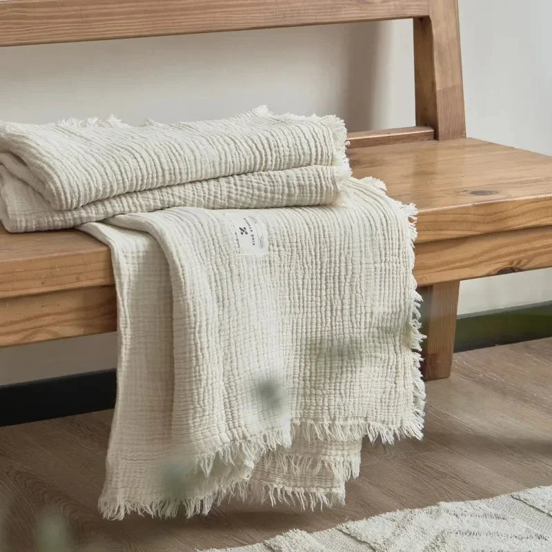 Plaid en Coton Gaufré avec Franges pour Canapé et Lit en Plusieurs Teintes