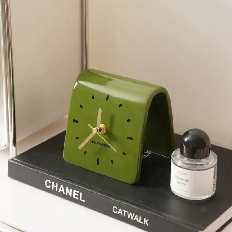 Ceramic Table Clock with Arch-Shaped Case for Desk and Sideboard