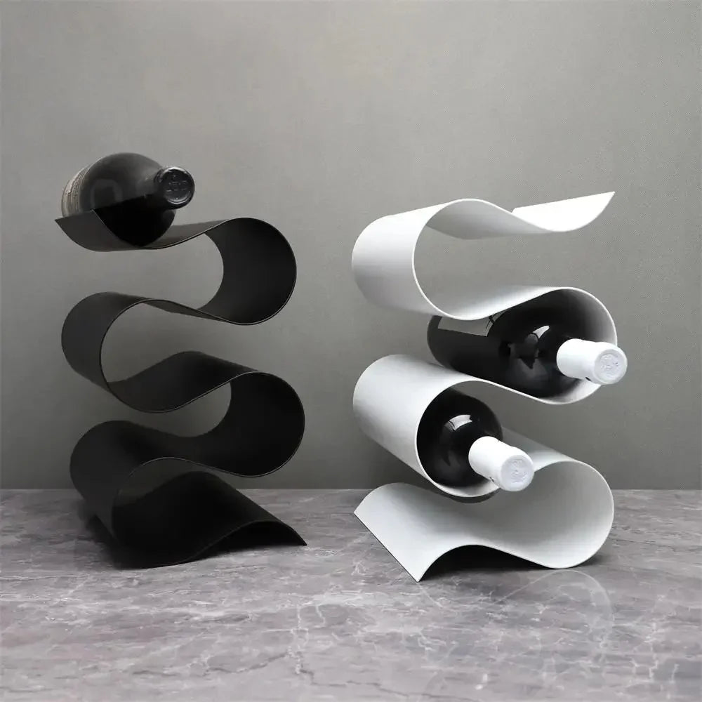 Porte-Bouteilles de Vin Métallique Sculptural en Forme Ondulée pour Plan de Travail et Table à Manger