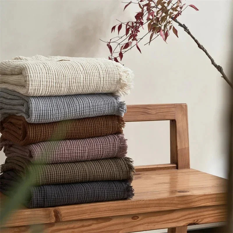 Plaid en Coton Gaufré avec Franges pour Canapé et Lit en Plusieurs Teintes