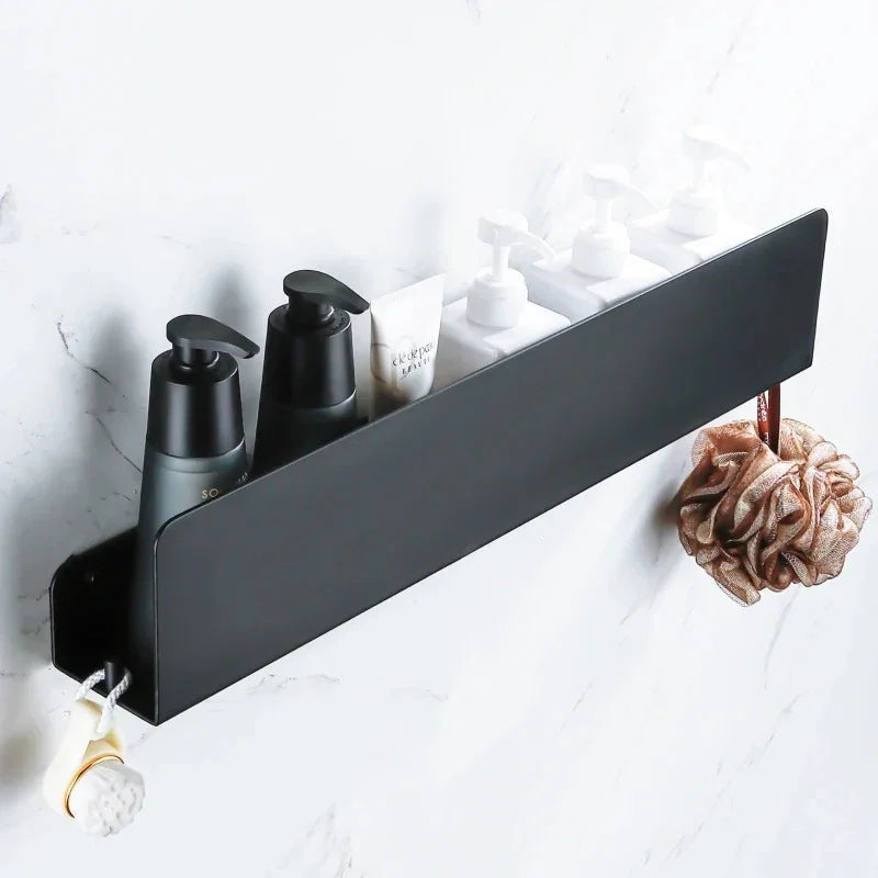 Étagère Murale en Aluminium pour Salle de Bain avec Crochets Latéraux et Finition Mate