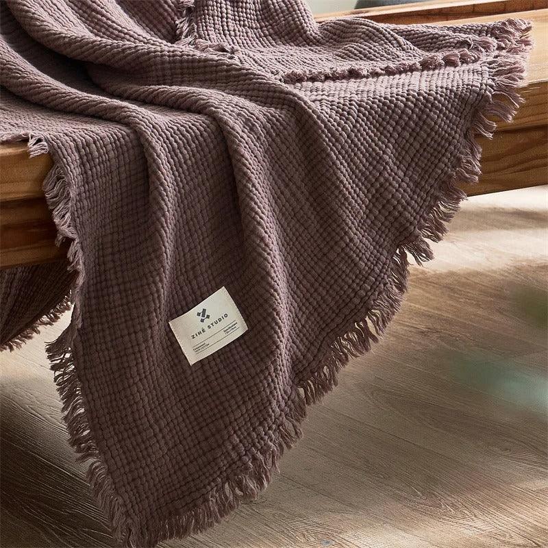 Plaid en Coton Gaufré avec Franges pour Canapé et Lit en Plusieurs Teintes