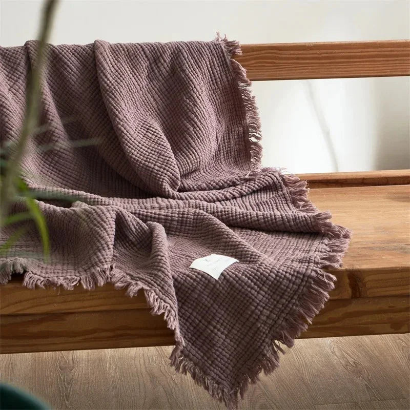 Plaid en Coton Gaufré avec Franges pour Canapé et Lit en Plusieurs Teintes
