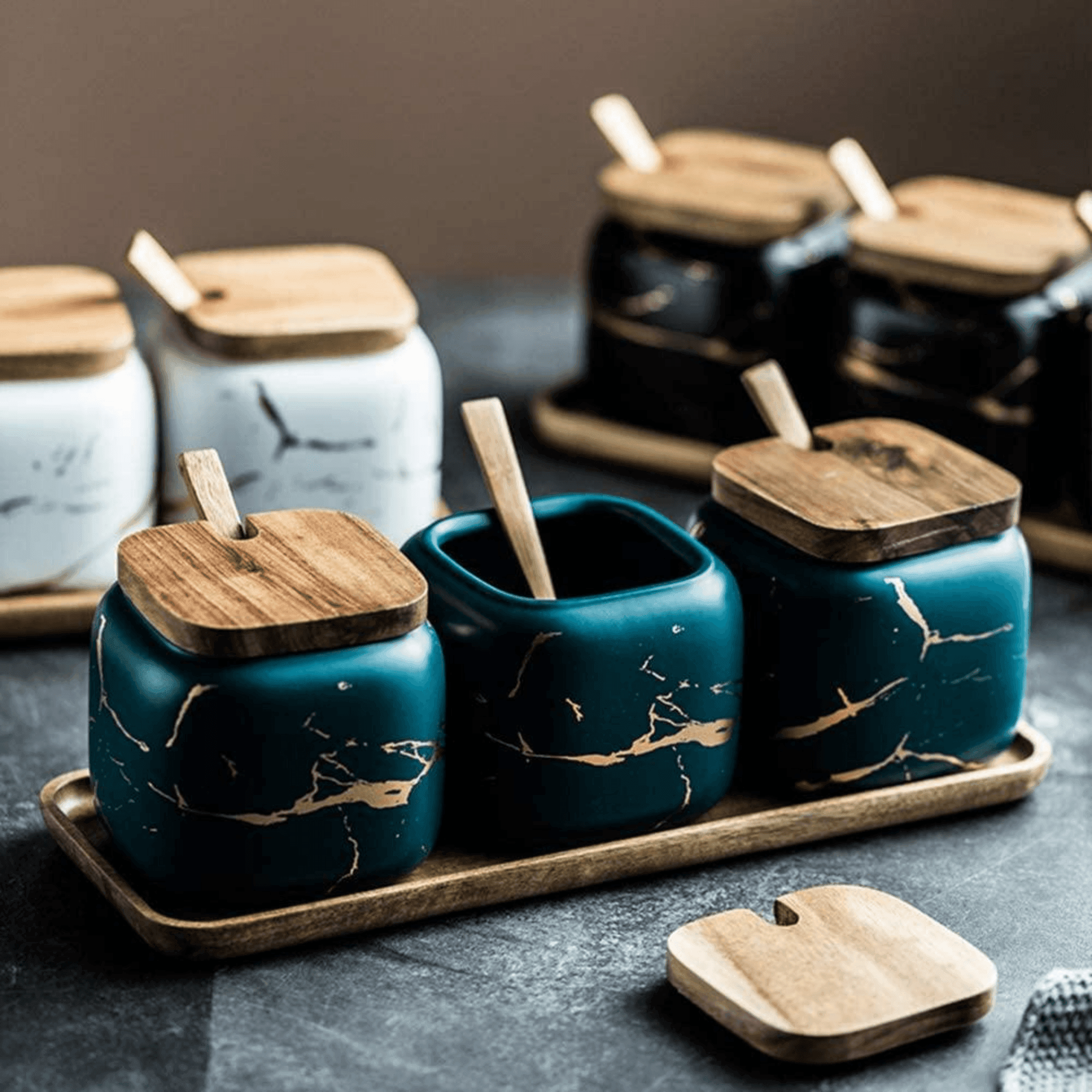 MarbleNest – Luxury Porcelain Spice Jars with Wooden Tray