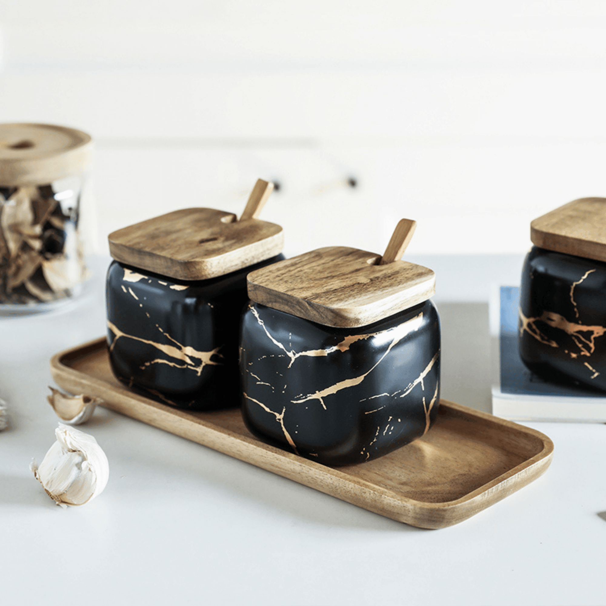 MarbleNest – Luxury Porcelain Spice Jars with Wooden Tray