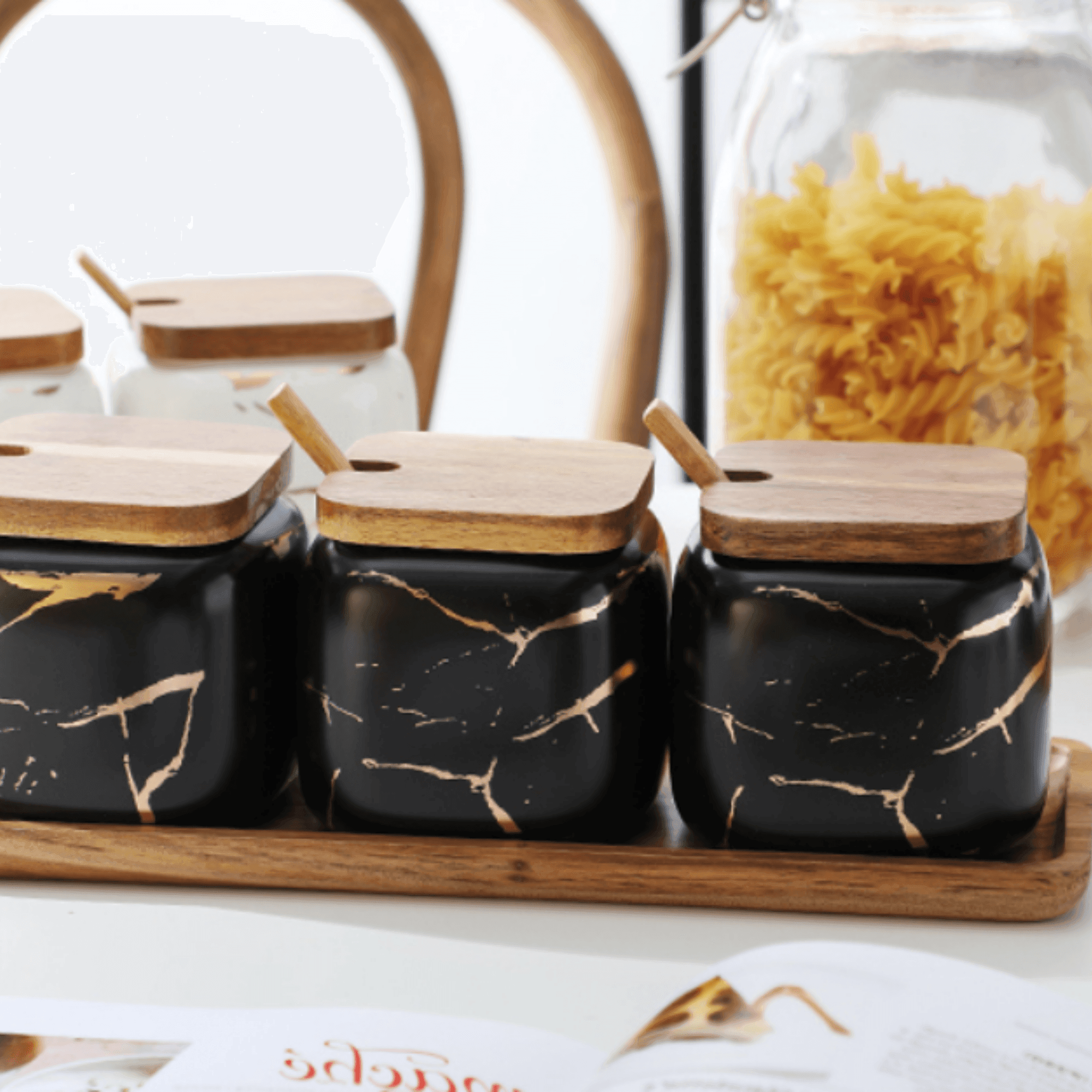MarbleNest – Luxury Porcelain Spice Jars with Wooden Tray