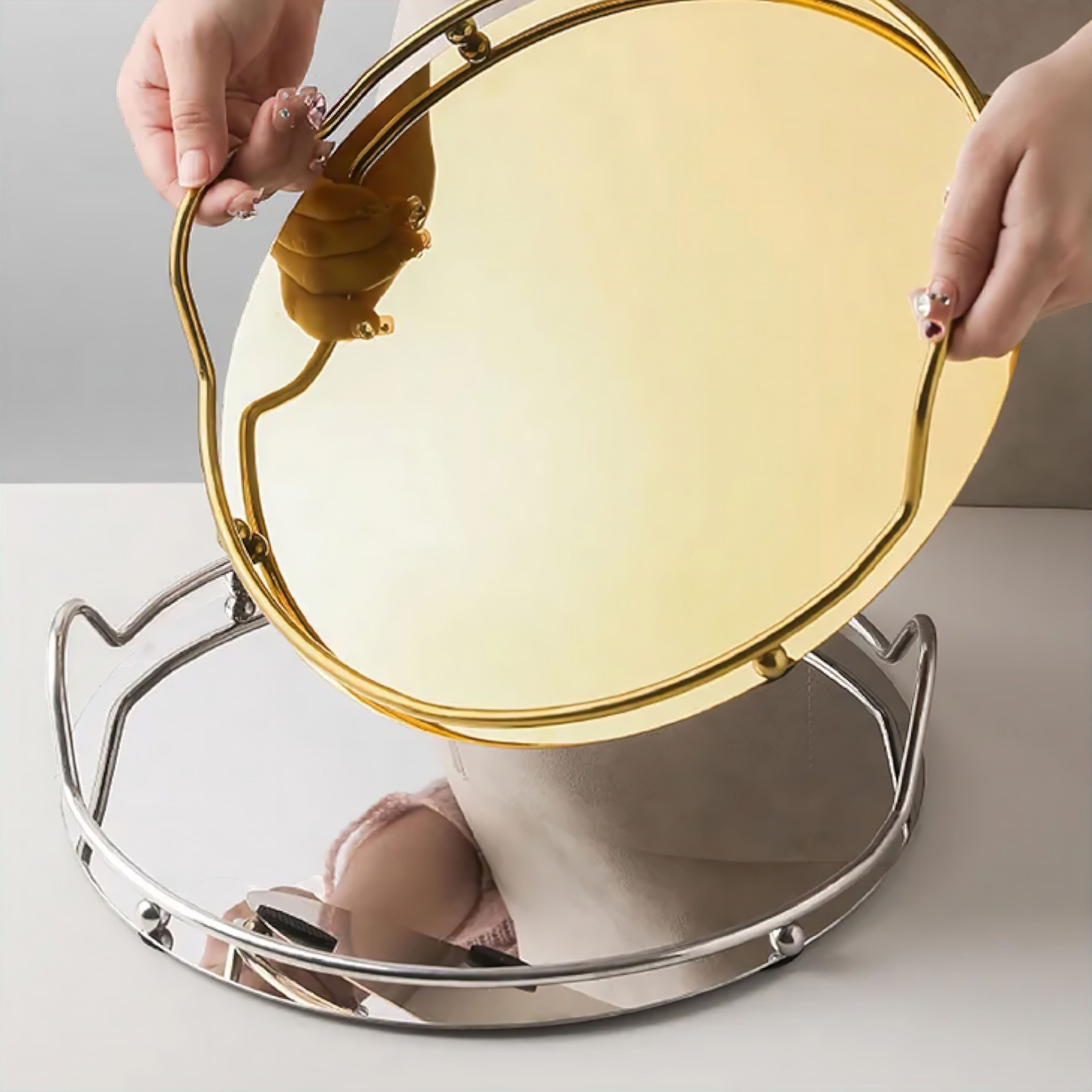 Plateau miroir décoratif avec cadre métallique et poignées pour salle de bain