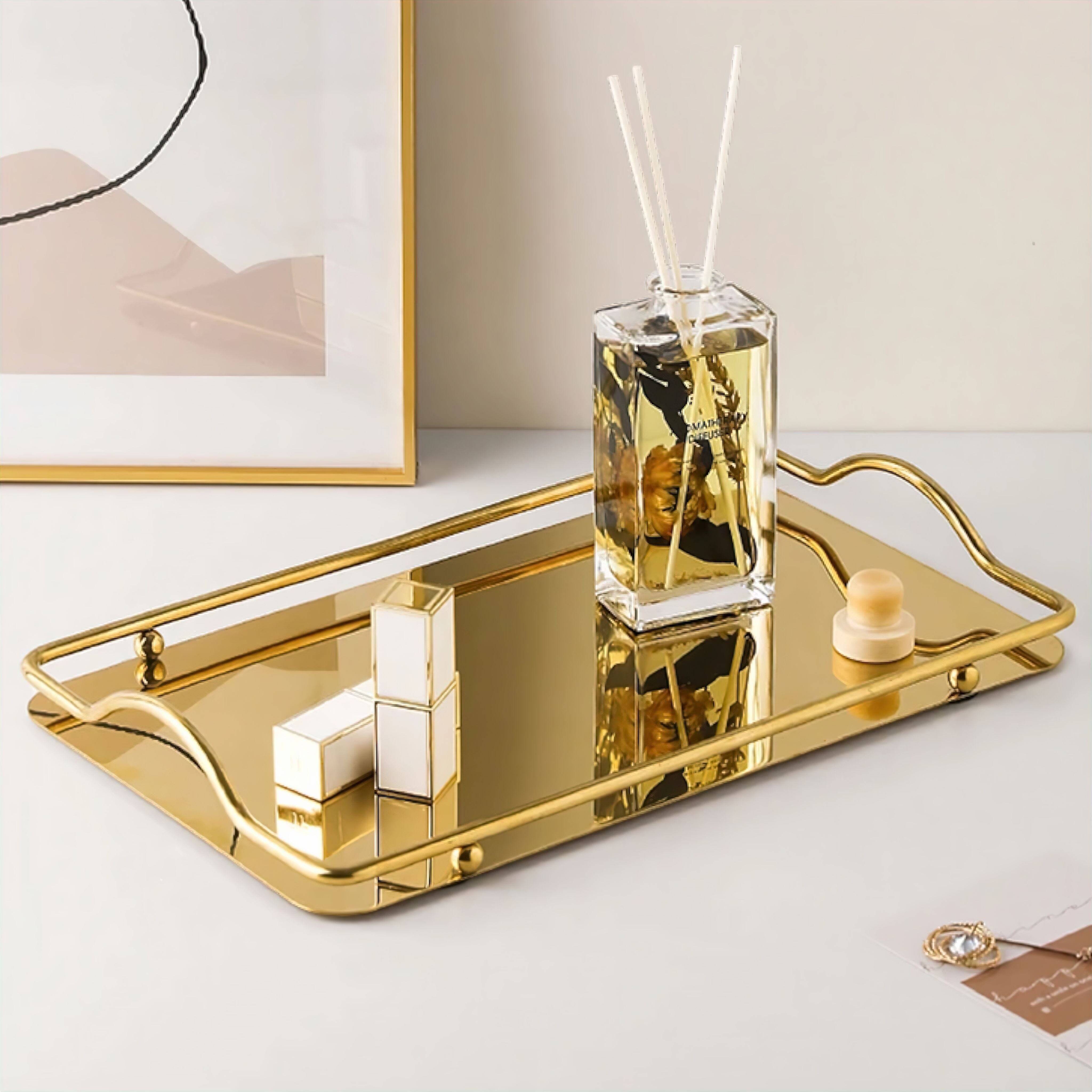 Plateau miroir décoratif avec cadre métallique et poignées pour salle de bain