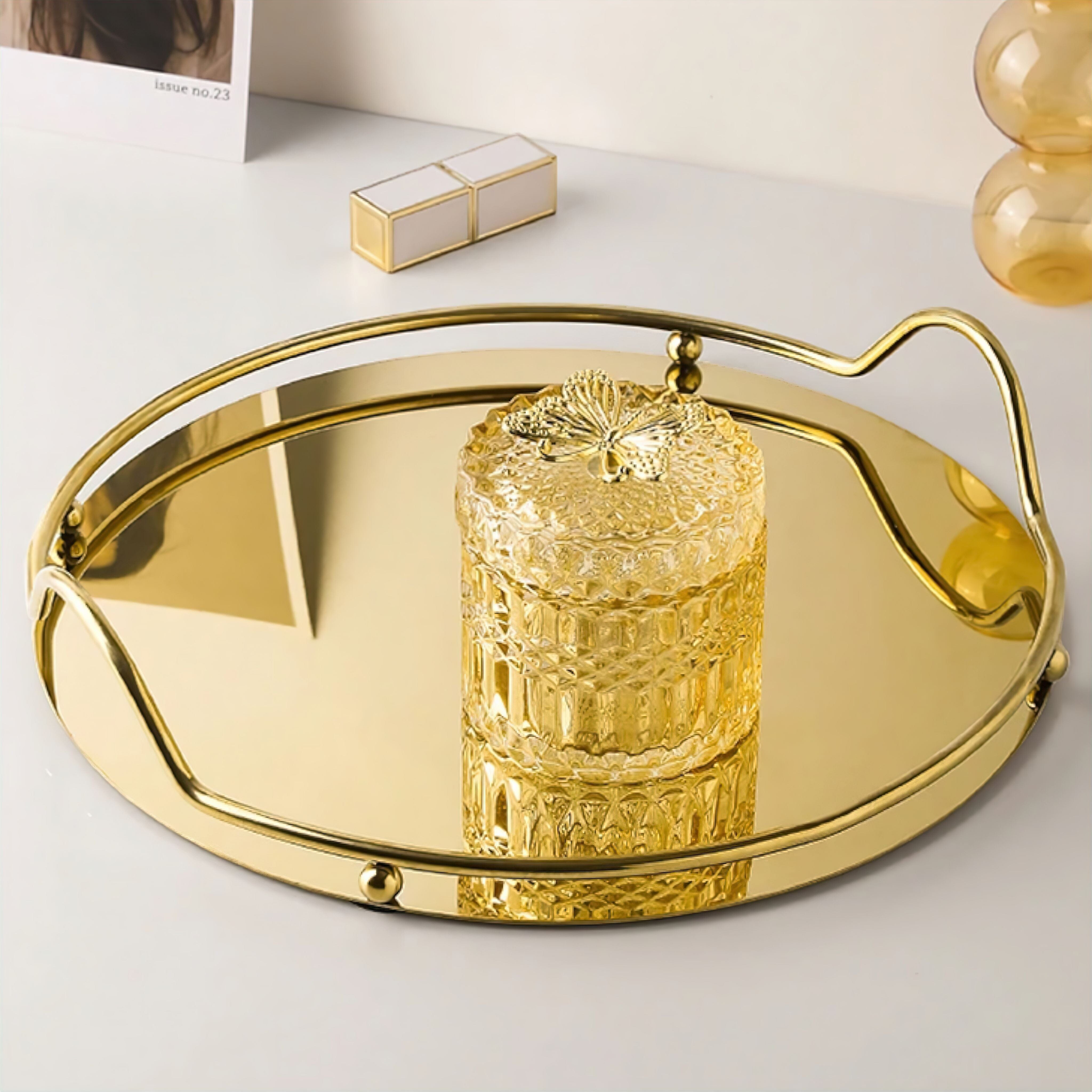 Plateau miroir décoratif avec cadre métallique et poignées pour salle de bain