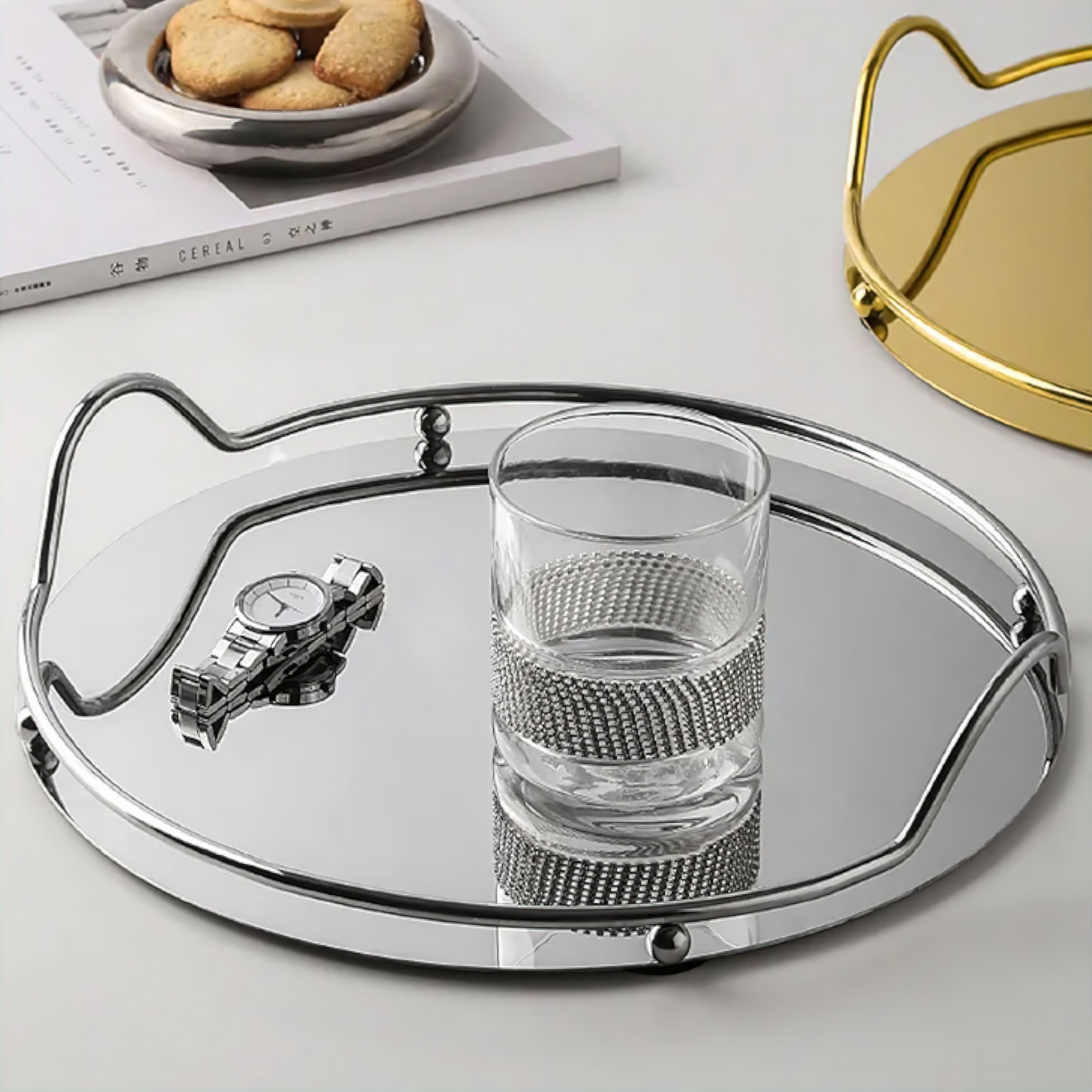 Plateau miroir décoratif avec cadre métallique et poignées pour salle de bain