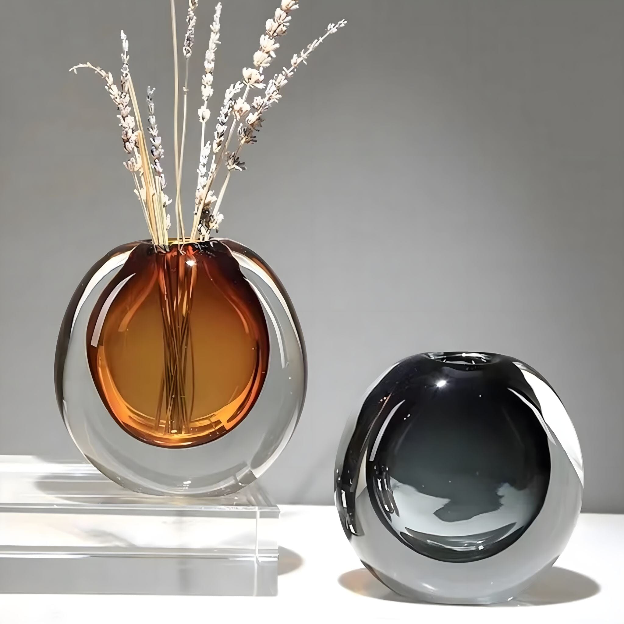 Two-Tone Smoky Glass Sculpture Vase for Living Room and Sideboard