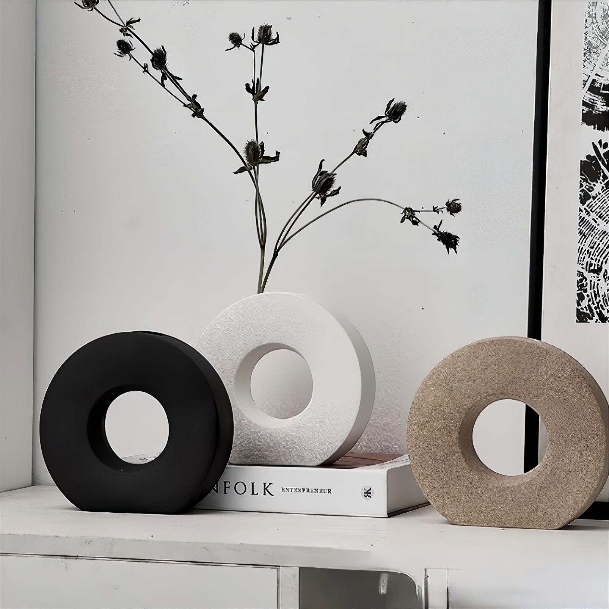 Vase anneau rond en céramique en forme de donut pour décoration intérieure moderne