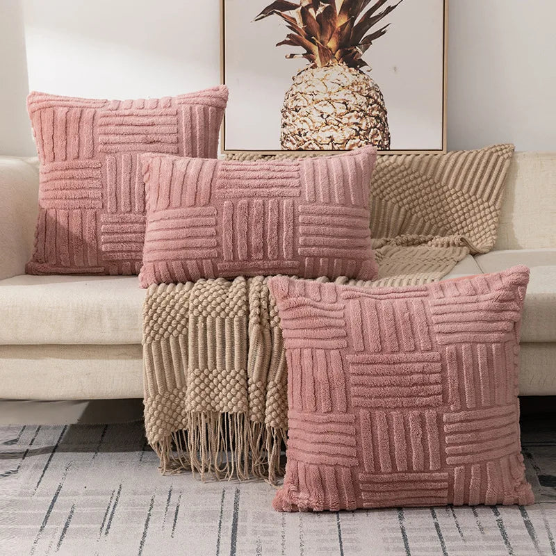 Housse de coussin en peluche avec motif géométrique tressé pour canapé et lit