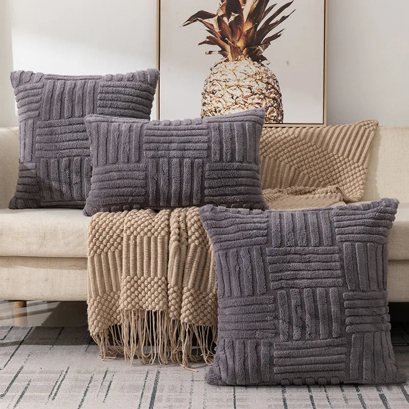 Housse de coussin en peluche avec motif géométrique tressé pour canapé et lit
