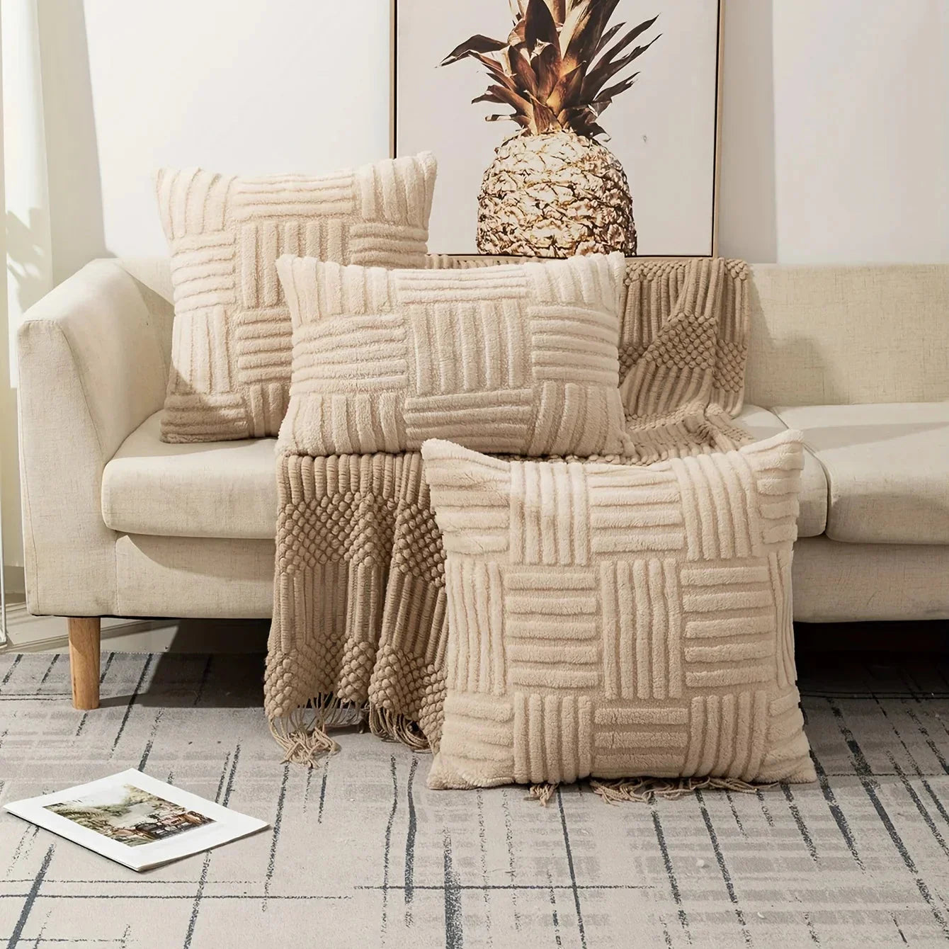 Housse de coussin en peluche avec motif géométrique tressé pour canapé et lit