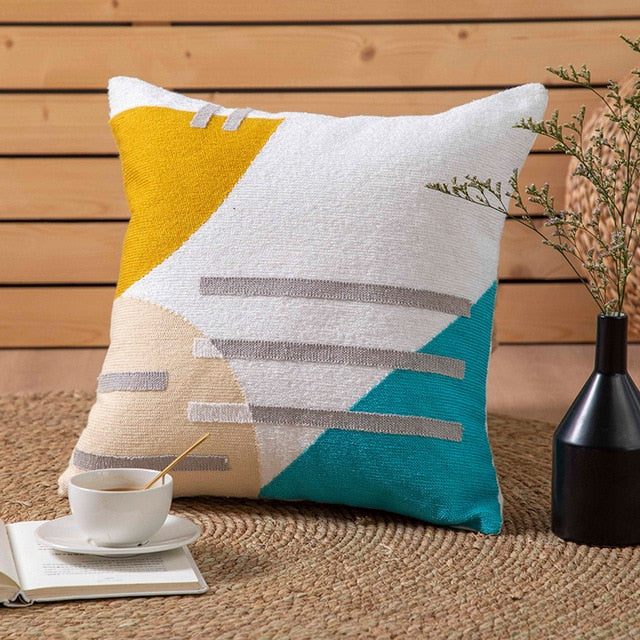 SunnyVibe – Geometrische Flocked Kussenhoezen met Stralende Kleuren en Jacquard Weefpatroon