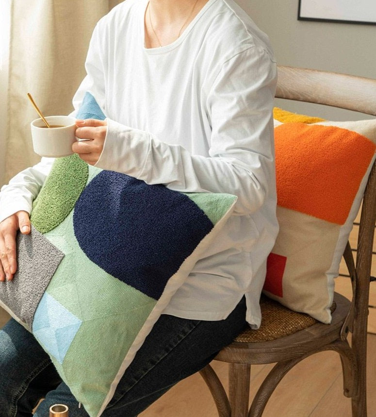 SunnyVibe – Geometrische Flocked Kussenhoezen met Stralende Kleuren en Jacquard Weefpatroon