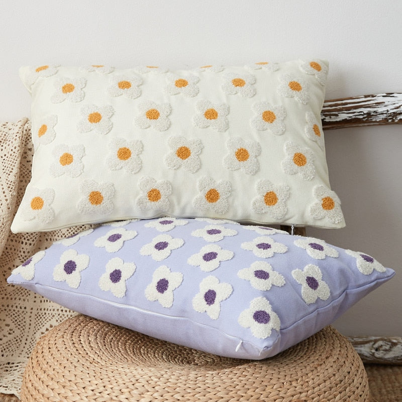 BlossomLuxe – Embroidered Lumbar Pillow Cover with Playful Daisies