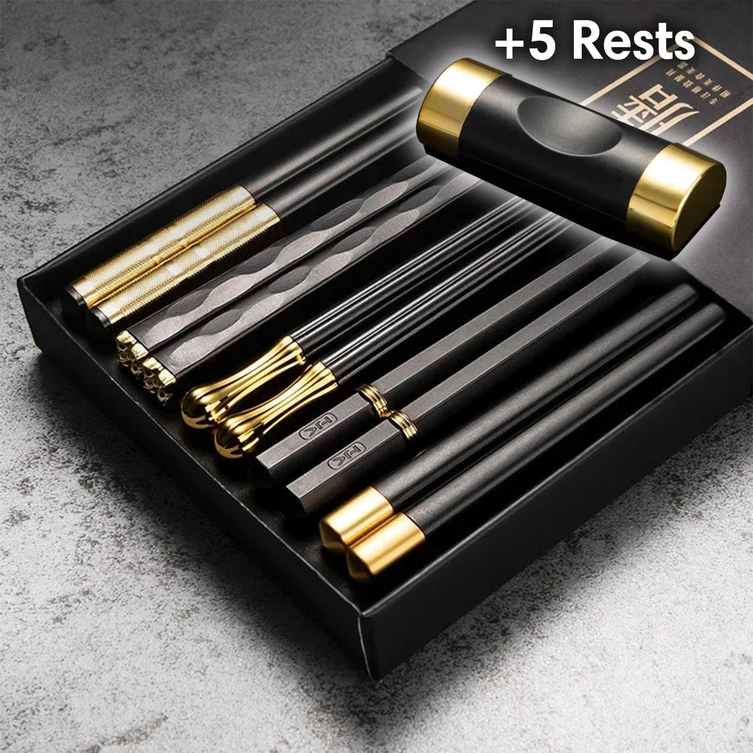 EliteStix – Luxe Set of 5 Metal Chopsticks with Modern Black & Gold Design